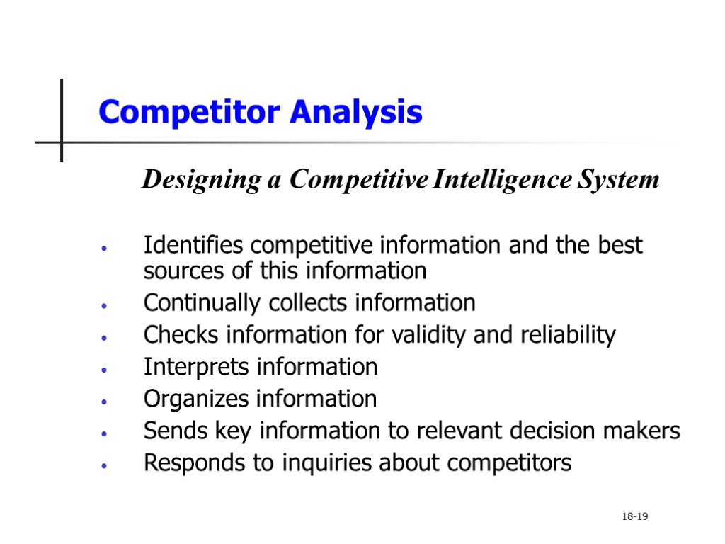 Competitor Analysis Designing a Competitive Intelligence System Identifies competitive information and the best sources